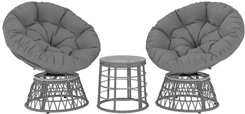 Set da giardino Outsunny da 3 pezzi con 2 poltrone girevoli papasan e 1 tavolino rotondo 2 grandi cuscini in resina poliestere intrecciata grigia