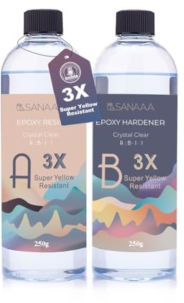 SANAAA Epoxidharz Hochglanz 3X vergilbungsbeständig 500g, selbstnivellierendes Harz und Härter, klar und blasenfrei, geeignet für Schmuck, Holzbeschichtungen und Gießharze im Verhältnis 1:1