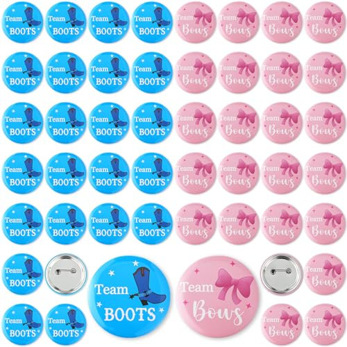 Quelay 50 Stück Gender Reveal Button Pins 4,4 cm Team Boy oder Girl Pins Bulk, Stiefel oder Schleifen, Geschlechtsoffenbarung, Dekorationen, Babyparty, Gastgeschenke für Gäste, rosa und blau