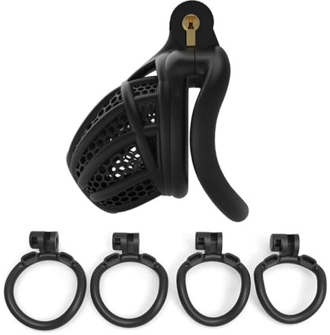 Honeycomb Hollow Design Chastity Cage with 4 Sizes Rings, Male Comfortable Penis Devices -DEHA14 (Black, Curved Ring)