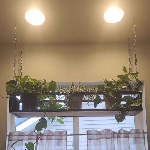 DMCHENGMA Pflanzen-Blumentopfständer, schwebendes Regal – Deckenhängeregale, schwarzes Metall, Eisen + Holzbrett, Weinregal für Restaurant, Küche, Bar, Balkon(120x25x15cm)