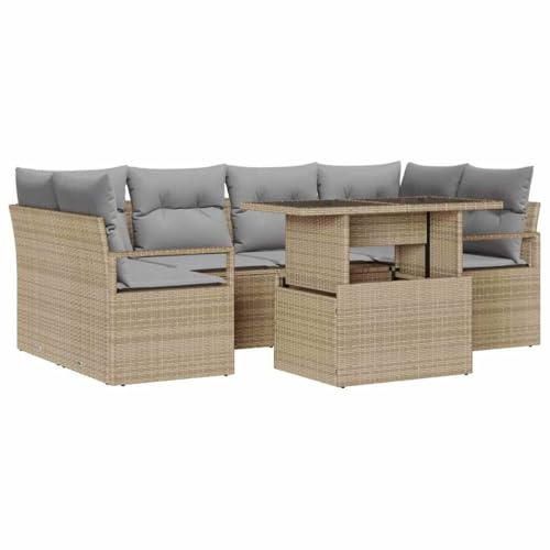 vidaXL Garten-Sofa-Set 7 pcs Beige und Hellgrau 100 x 55 x 73 cm, Stylisches Gartenmöbel, modernes Rattan-Sofa, UV-beständige Materialien, abnehmbare Kissen, entspannte Lounge.