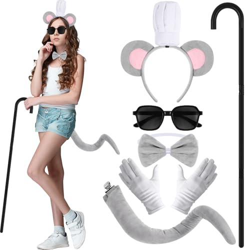 Fabllewavi 6 PCS Mouse Costume Accessories, Mouse Ears Headband/Glasses/Bowtie/Gloves/Blind Cane, Halloween Costume Accessories Adults
