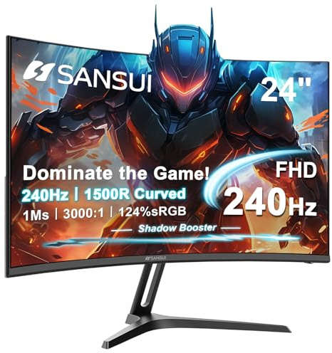 SANSUI Monitor da gioco curvo da 240 Hz da 61 cm FHD 1080p, schermo per computer curvo 1500R, 124% sRGB, rapporto di contrasto 3000:1, HDR, FreeSync, MPRT 1 Ms, bassa luce blu, porte HDMI DP