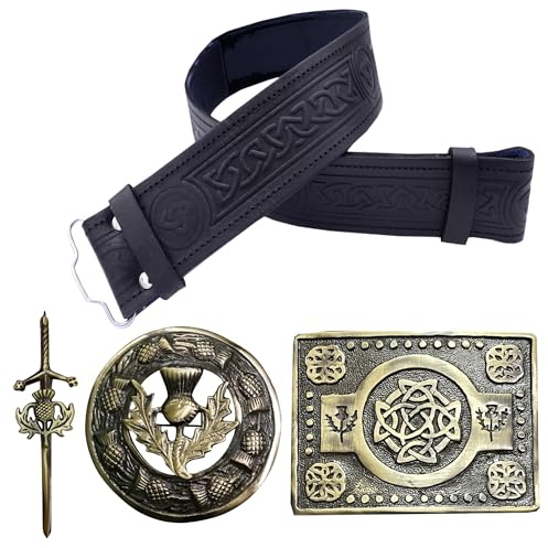 Kilt-Gürtel und Schnalle Set – Schottische Distel geprägter Ledergürtel, handgefertigte Zinn-Plaid-Brosche mit antiken keltischen Knoten-Schnallen, Antik-Silber-Finish, silber, Large, 38-42 Inch