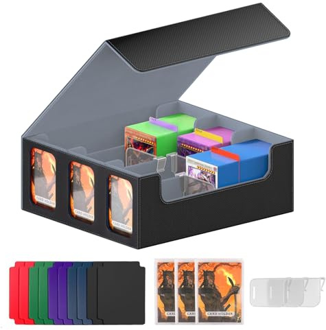 LZEXIN Card Deck Box with Display Window, MTG Deck Storage Box Holds 2400+ Cards, PU Leather Commander Card Collection Box with Magnetic Closure for MTG, YuGiOh, TCG(B-Grey)