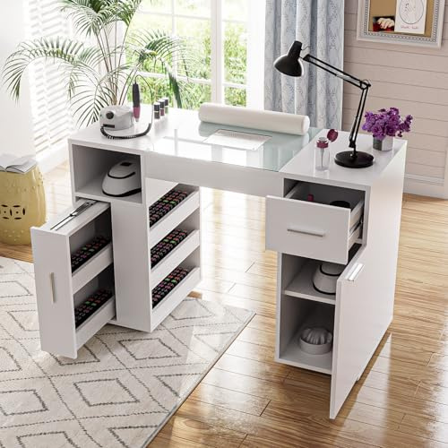 Nail Desk with Dust Collector&Wrist Rest,Portable Mobile Nail Tech Table for Professional Beauty Nail Salon,Glass Tabletop Manicure Table,Nail Workstation Art Desk with Drawer Storage Cabinet