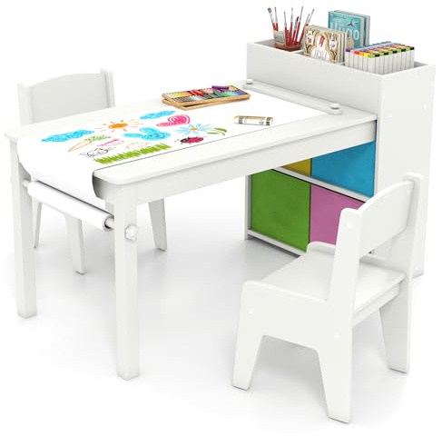 COSTWAY Kindertisch mit 2 Stühlen, 2 in 1 Kindersitzgruppe aus Holz mit Stauraum, Kinder Tisch Stuhl Set mit Papierrollenhalter & 4 Stoffbehältern, Maltisch für Kinder ab 3 Jahren (Weiß)