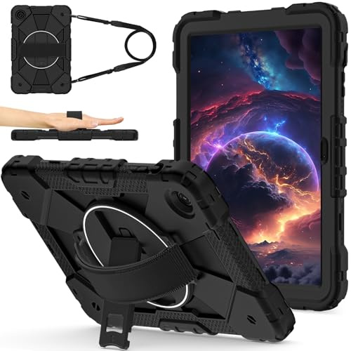 PREDCFVY for T-Mobile REVVL Tab 2 10,1 Pouces 2025 Tablette Antichoc Robuste Housse Hybride en Silicone PC avec Support Rotatif à 360°, Armure Anti-Rayures Bandoulières/Poignets Réglables(Svart)