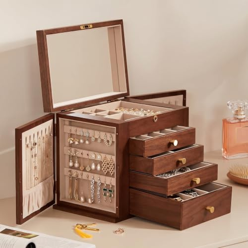 Homruilink Black Walnut Wooden Jewellery Box for Women, 5 Layer | With Mirror, Lockable Top Lid, Velvet-Lined, Large Wood Jewelry Organizer For Watch Necklace Ring Earring, Gift