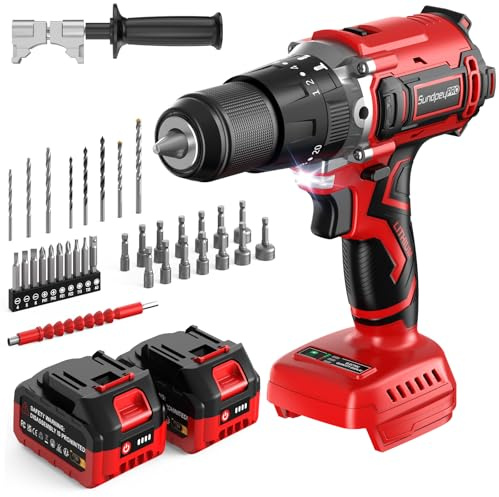 SundpeyPRO 118N·m 21V Brushless Cordless Power Hammer Drill Set with Case | 2×4.0Ah Batteries & Charger, 20+3 Torque Settings, 2 Speeds, 1/2 Metal Chuck, for Home Wood Metal Brick Lightweight-Concrete