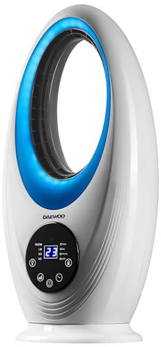Daewoo Bladeless Desktop Fan with Remote Control, 3 Speeds & Natural Mode, 12 Hour Timer, Oscillating Desk Fan, Quiet Cooling for Home Office Bedroom, LED Light Fan, Safe & Compact Design
