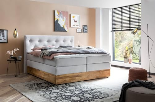 Belanoti MARBO Boxspringbett 200x200 mit Bettkasten 7-Zonen Taschenfederkern Matratze inklusive Visco Topper Bett 200x200 Eiche in der Farbe Weissgrau H2/H3 Polsterbett mit Massivholz Eiche