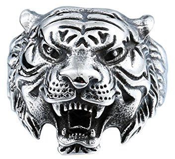 PAMTIER Herren Edelstahl Jahrgang Gotisch Biker Tiger Kopf Ring Band Tierentwurf Schwarz Silber Größe 54 (17.2)