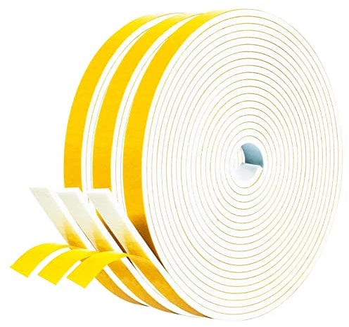 fowong Draft Excluder for Doors, 3 Rolls 12mm(W) x 3mm(T) High Density Foam Tape, Self Adhesive Weather Seal Strip for Windows and Doors, Insulation Soundproofing Strips Tape, Total 15M Long, White