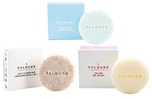 Válquer Solid Cosmetics Pack, Festes Shampoo ohne Sulfat für normales Haar + Fester Gesichtsreiniger in 1 + Festes Körpergel ohne Sulfat für empfindliche Haut 150 g, 3 Einheiten