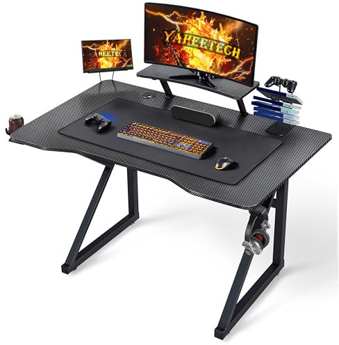 Yaheetech Mesa Gaming 100 cm × 60 cm Escritorio Gamer Computadora Ergonómica para Ordenador con Portavasos y Gancho para Auriculares Gaming Desk con Alfombrillas de Ratón Negro