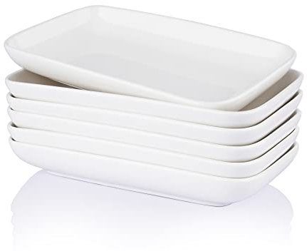 Sweese Rechteckige Salatteller, Porzellan-Dessertteller, kleine weiße Serviertabletts für Salat, Obst, Sushi-Vorspeisen und Partys, stapelbar, Weiß, 6 Stück