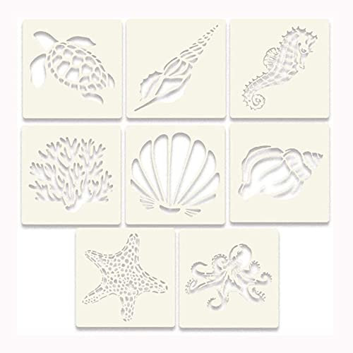 Ozean Kreaturen Schablonen,8 Stück Malerei Schablonen Cartoons Meer Ozean Tier Schablonen Wiederverwendbar Hohl Spray Kunststoff Schablonen Set für Scrapbooking Fotoalbum DIY Geschenkkarten(13x13cm)