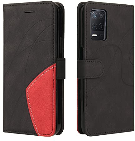 Fatcatparadise Kompatibel mit Oppo Realme V13 / Realme 8 5G Hülle, Leder PU Brieftasche Handyhülle Flip Case Silikon Bumper Schutzhülle. Lederhülle mit Kartenfächern und Standfunktion (Schwarz)