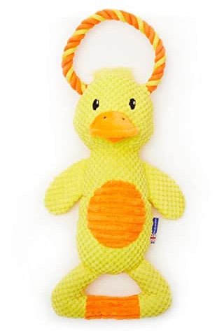 Duck Dog Toy Dual Tug-Bright Yellow-Great for Interactive Play for dogs or puppy-Multiple textures including rope, Squeaky