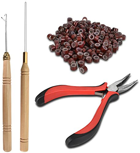 Colexy 4 in 1 Haarverlängerung Werkzeug, Extensions Set mit 200 Stück Microringe, 1 Stück Zange, 2 Stück Häkeln, Silikon Nanoringe Werkzeug für Perücke Lametta Haar (Microrings in Braun)