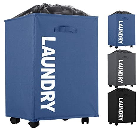 IHOMAGIC Large Laundry Hamper with Wheels - Rolling Hamper Laundry Basket Collapsible Dirty Clothes Bin Waterproof Flexible Washing Sorter for Bedroom, Dormitory 15.7x11.8x21.3 in 65L - Navy Blue