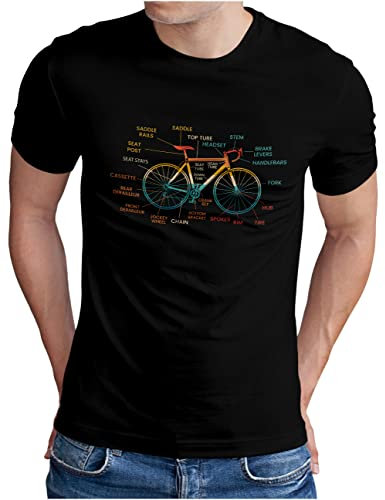 OM3® Fahrrad T-Shirt mit Teile Bezeichnungen - Herren - Bicycle Rennrad Bike Parts Radsport - Schwarz, L