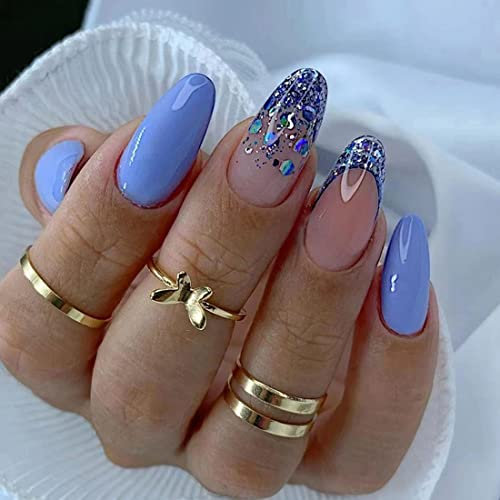 Sparkly Sequins Press on Nails with Glue,Glossy Oval French Tip Medium Almond Fake Nails,Stylish Y2k False Nails with Design,Aesthetic Reusable Preppy Acrylic Stick on Nails for Women Girls 24Pcs