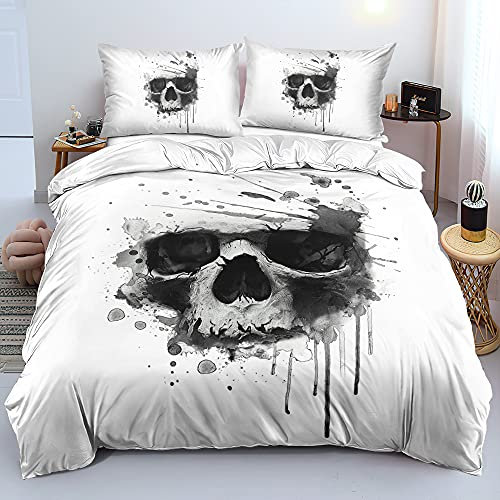 Luowei Bettwäsche 135x200 3D Skull Bettwäsche Grauer Schädel Muster Weiß Bettbezug mit Reißverschluss 80x80 Kissenbezug, Alle Gruppen