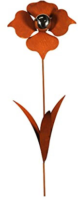 Bornhöft Gartenstecker Blume Metall Gartendeko Rost Edelrost rostiger Beetstecker 110cm Deko Rostfigur für den Garten mit Edelstahl Kugel
