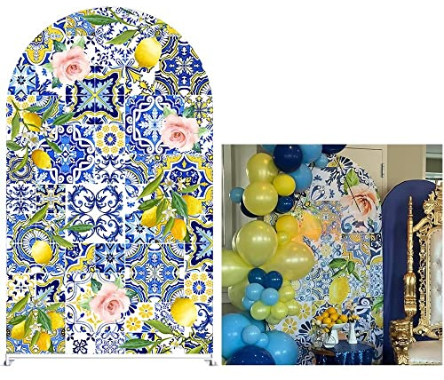 afoloa Mediterrane Zitronen, gewölbt, dehnbare Stoffabdeckungen für Partys, Positano-Fliesen, Bogen, Hintergrund, Ständer, Abdeckung, Porzellan, Party-Dekorationen, 12 x 222 cm