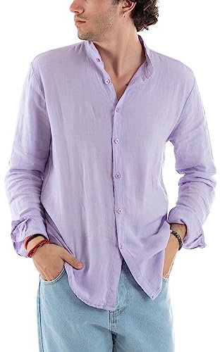 Giosal Camicia Uomo Lino Collo Coreano Tinta Unita Maniche Lunghe Made in Italy (L, Lilla)