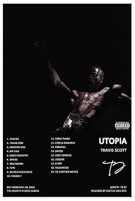 sigeliu Travis Poster Scott Utopia Album Cover Poster Leinwand Poster Wandkunst Dekor Druck Bild Gemälde für Wohnzimmer Schlafzimmer Dekoration ungerahmt 30 x 45 cm