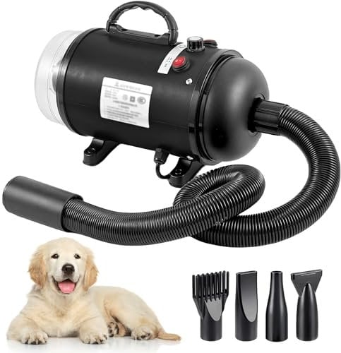 Hundefön Hundetrockner, 2800W Blower Hundefön Sehr Leise Pet Dryer, Einstellbare Geschwindigkeit, 2 in 1 Tierhaartrockner mit Tierhaar Staubsauger, Hundepflege-Trockner-Gebläse mit 4 Düsen (Schwarz)