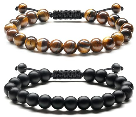 Adramata Armband Herren 8MM Perlenarmband Lavastein Tigerauge Armband Verstellbares Geflochten Armband Set Schwarz Naturstein Perlen Armbänder für Herren Schmuck Herren Geschenk für Männer