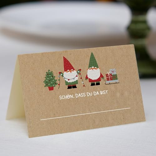 25 Tischkarten Weihnachten Wichtel - Platzkarten zum Selbst beschriften mit Text Schön, dass du da bist für Adventszeit als Dekoration Tisch