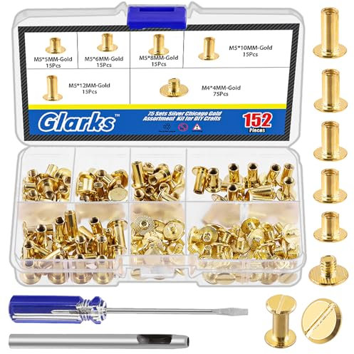 Glarks Lot de 150 vis Chicago dorées assorties, M5 x 5 mm, 6 mm, 8 mm, 10 mm, 12 mm et vis à tête plate 4 x 4 mm, rivets à clous Chicago