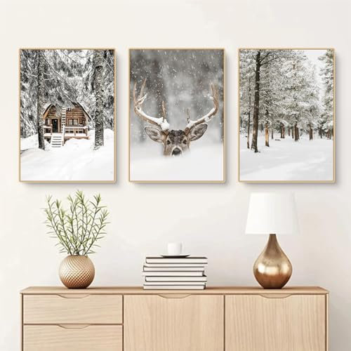 3er Premium Poster Set | Moderne Winter Schneelandschaft Wandbilder | Winter Bilder Elch Holzhaus Wald | Wanddeko Wohnzimmer Schlafzimmer | Wandbilder ohne Rahmen (ABC,30x40cm)