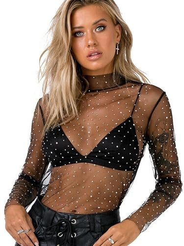 Edhomenn Women Sexy Sheer Long Sleeve Tops Mesh See Through Solid Color Casual Tops Slim Fit Blouse (X-Black, L)
