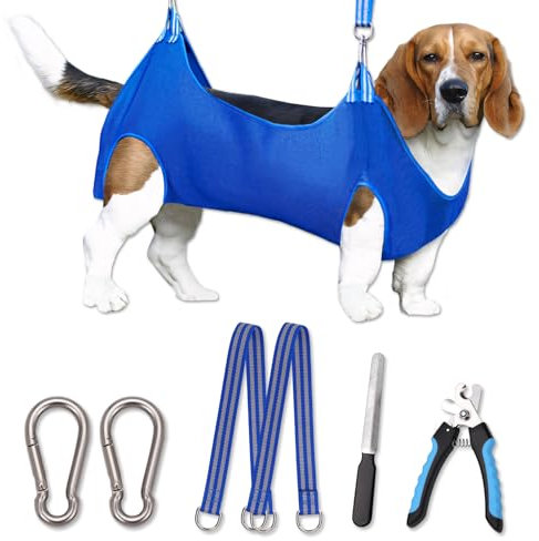 OVTEXZOG Dog Grooming Hammock Harness, Dog Sling for Nail Clipping/Trimming,Pet Grooming Restraint Bag with Nail Clippers Trimmer,Dog Grooming Supplies Kit for Claw Care (Large 56LB Max/Blue)