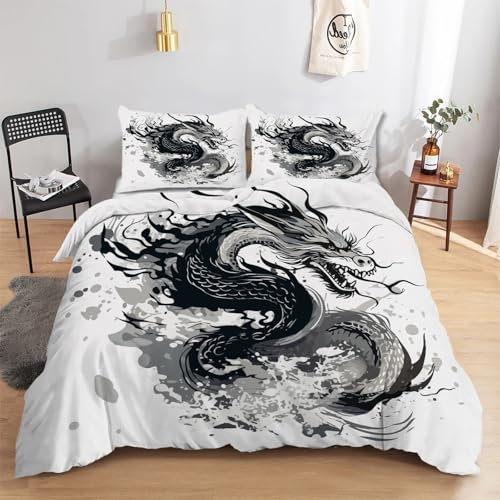 Housse de Couette 140x200 Dragon Noir Parure de Lit Japonais avec Fermeture Éclair, Housse Couette 1 Personne Imprimée Art en Microfibre avec 2 Taie d'oreiller 65x65 cm