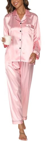 Reliwel Ensemble de Pyjama Femme Pyjama Femme Ete en Satin 2 Pièces Top Boutonné et Pantalon Pyjama en Satin de Soie pour Femme Manche Longue Vêtements de Nuit Set Toutes Les Saisons