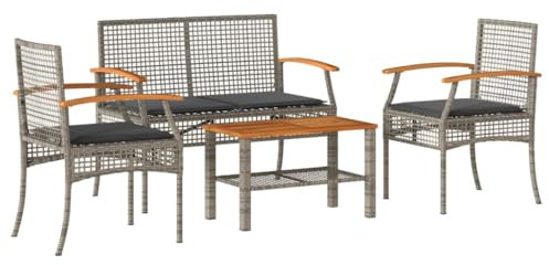 vidaXL Garten Lounge Set 4-TLG., Gartenmöbel mit Kissen, Gartenbank Stuhl Tisch, Sitzgruppe Gartenset Rattanmöbel, Grau Poly Rattan