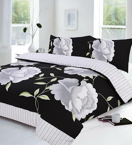 London Dream Luxury Rosaleen Floral Duvet Cover Set with Two Matching Pillow Cases - Flowers Printed Poly Cotton Quilt Cover Modern Bedding Sets (Black/White, Double 200 x 200 cm)
