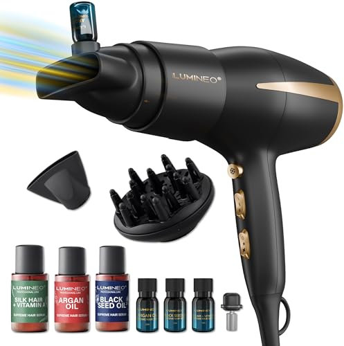 Lumineo Innovativer 5-in-1 Profi-Haartrockner mit 2 Mio. Ionen und speziellem Haarserum-Diffusor, 2400W AC Motor + Konzentrator + Lockenföhn, Haarfön, Föhn mit Kalttaste + 3 Stk. Haarserum Set inkl.