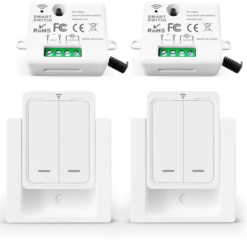 Tedeligo Kit de Interruptor de Luces Inalámbricas, Transmisor de radio móvil y transmisor de pared interruptor 2 en 1 Control de rango de hasta 100M 220V 230V 2300W interruptor para Lámparas, Blanco