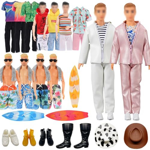 WanderGo 20-teiliges Puppenkleidungs-Set, Puppenkleidung und Zubehör, inklusive 1 Anzug, 3 Oberteile, 3 Hosen, 1 Boardshorts, 10 Schuhe, 1 Brille, 1 Surfbrett und Zubehör (zufälliger Stil)