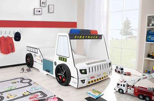 Aileenstore Feuerwehrbett Kinder 90x200 Spielbett Kinderbett Rio Firetruck Autobett Hochglanz mit LED Leuchte (Weiß, mit Matratze,)