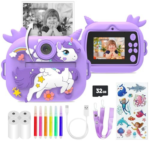 Kinderkamera Sofortbildkamera, 2,4 Zoll Display Digitalkamera für Kinder mit Druckpapier & 32G TF Karte, 1080P HD VideoKamera mit farbigen Stiften, Geschenk für Kinder 3-12Jahr (Lila)